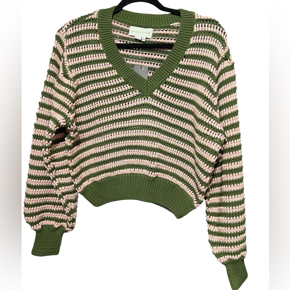 Sachin + Babi 💯 Cotton Striped Soft Textured Green & Pink Balloon Sleeve Sweater - Picture 2 of 3